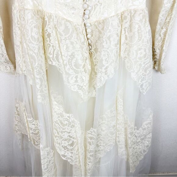 Vintage 70s 1970s Lace Off Shoulder Tulle Wedding Dress Romantic Boho - Picture 11 of 11
